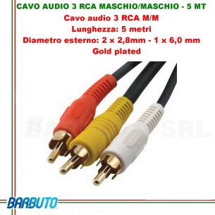 CAVO AUDIO 3 RCA MASCHIO/MASCHIO - 5 MT, Diametro esterno:2x2,8mm-1x6mm, GOLD 