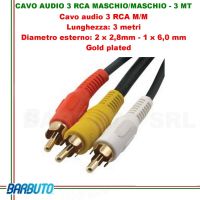 CAVO AUDIO 3 RCA MASCHIO/MASCHIO - 3 MT, Diametro esterno:2x2,8mm-1x6mm, GOLD 