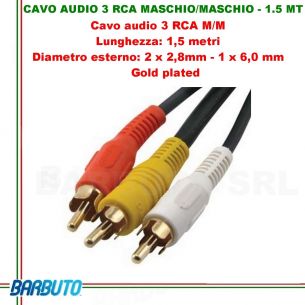 CAVO AUDIO 3 RCA MASCHIO/MASCHIO - 1.5 MT, Diametro esterno:2x2,8mm-1x6mm, GOLD 