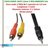 CAVO AUDIO jACK 3,5 mm 2 RCA Maschio - 3 MT, Diametro esterno: 3 x 2,6 mm 